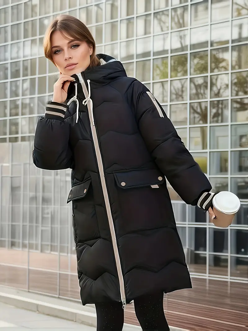 Cozy Thermal Hoodie Puffy Coat - Cotton-padded Jacket Coat with Drawstring, Flap Pockets, and Long Sleeves for Fall & Winter - Women's Casual Warm Coat for Outdoor Activities