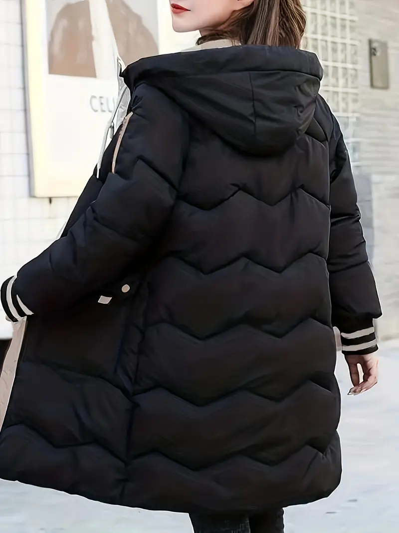 Cozy Thermal Hoodie Puffy Coat - Cotton-padded Jacket Coat with Drawstring, Flap Pockets, and Long Sleeves for Fall & Winter - Women's Casual Warm Coat for Outdoor Activities