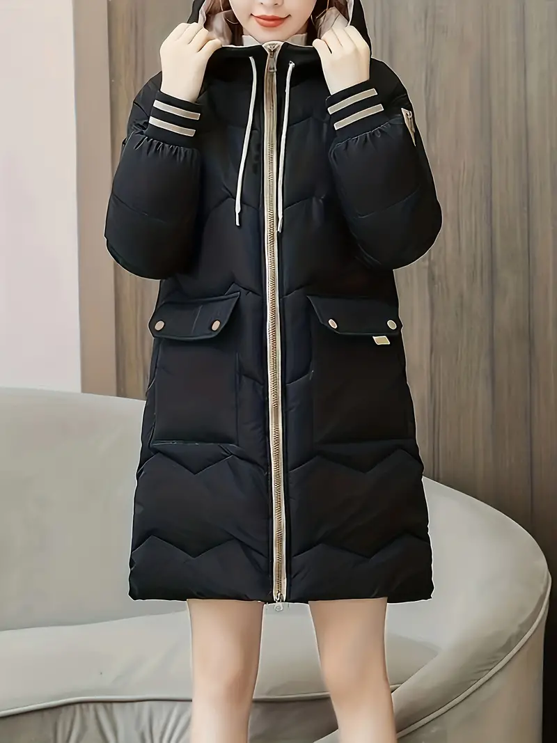 Cozy Thermal Hoodie Puffy Coat - Cotton-padded Jacket Coat with Drawstring, Flap Pockets, and Long Sleeves for Fall & Winter - Women's Casual Warm Coat for Outdoor Activities
