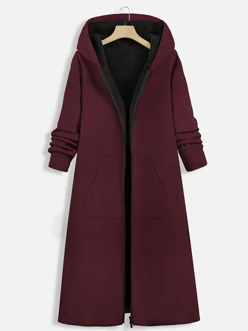 Womens Chic Hooded Zip Up Coat - Long Length, Solid Color, Warm Outerwear - Stylish & Comfortable, Perfect for Casual Wear - Durable, All-Season, Versatile Style