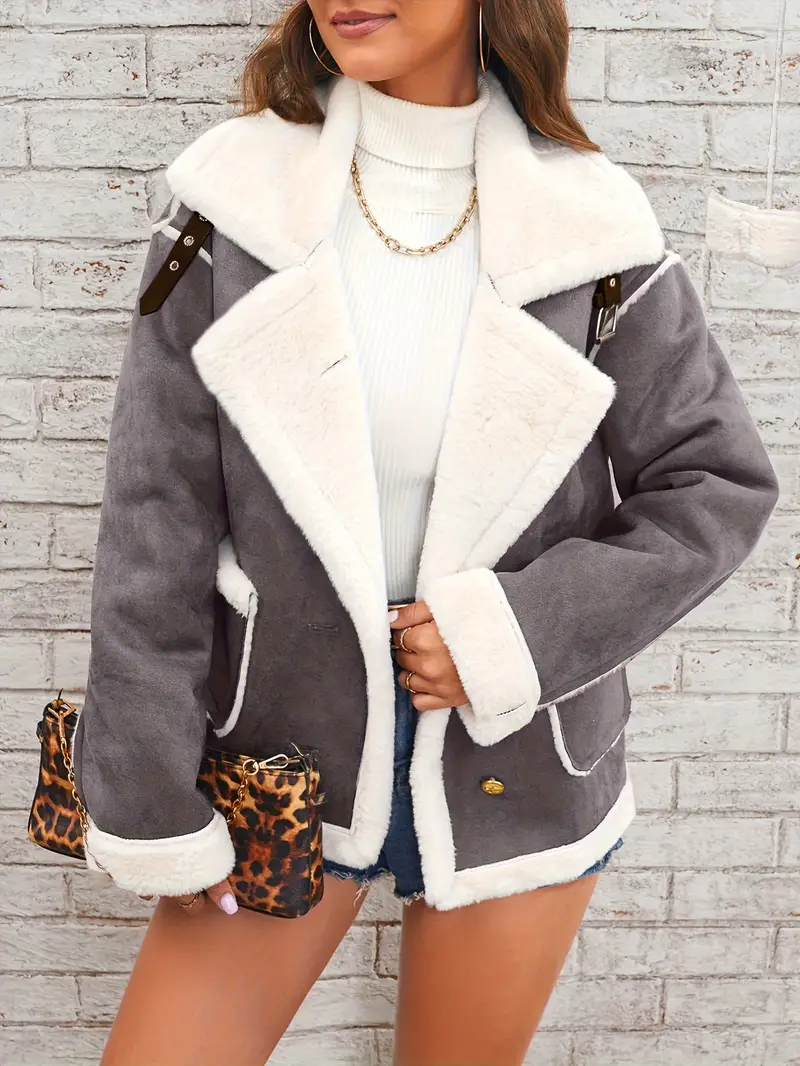 Elegant Faux Fur-Lined Winter Jacket for Women - Cozy, Machine Washable with Pockets, Solid Color, Lapel Collar