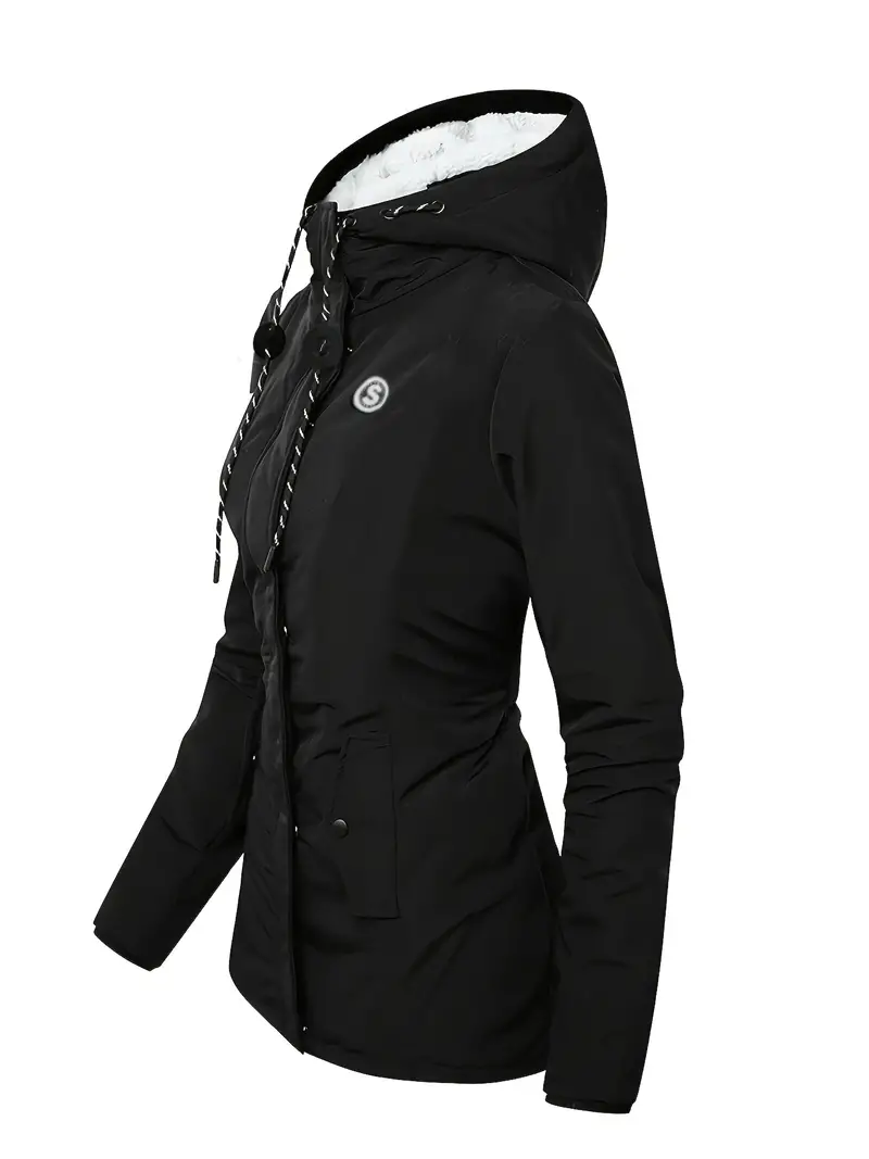Drawstring Warm Hooded Coat, Casual Zip Up Long Sleeve Outerwear, Women's Clothing