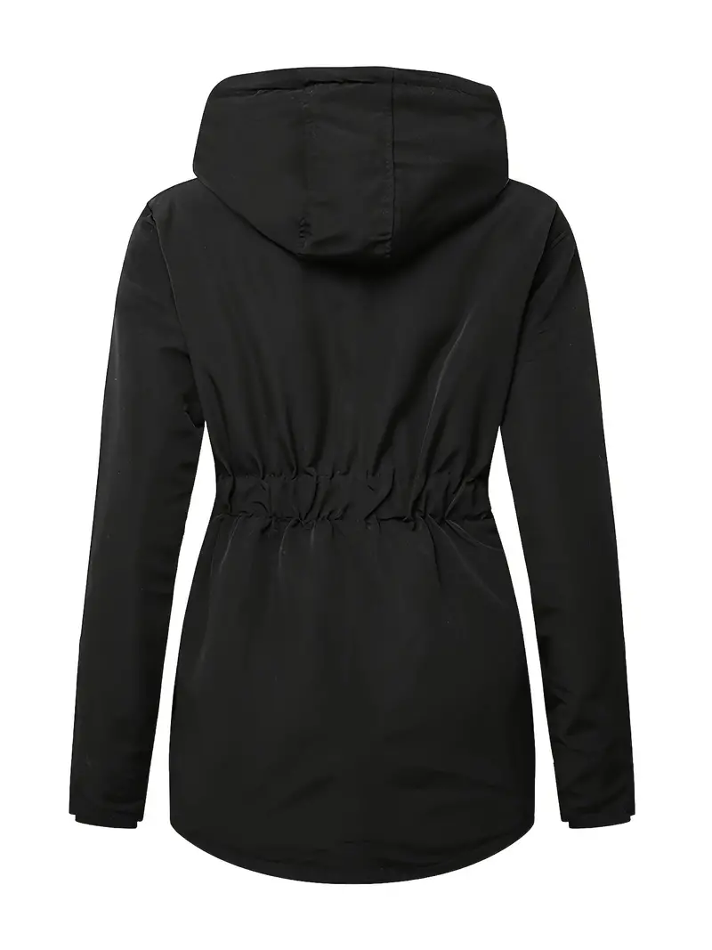 Drawstring Warm Hooded Coat, Casual Zip Up Long Sleeve Outerwear, Women's Clothing