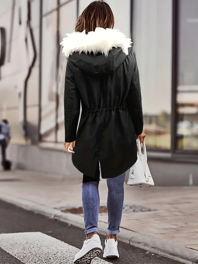 Women's Warm Parka Coat - Faux Fur Lined, Zip-up Hoodie, Casual Drawstring Waist, Long Sleeve, Snap Front, Multiple Pockets, Perfect for Winter