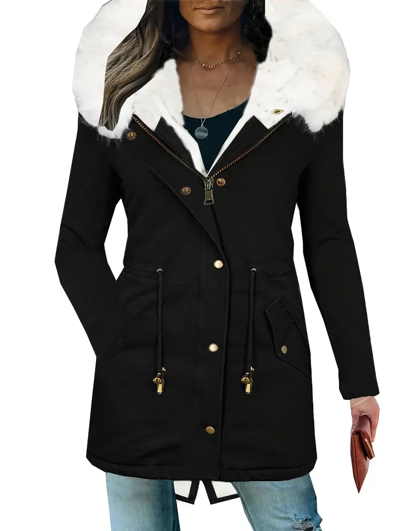 Women's Warm Parka Coat - Faux Fur Lined, Zip-up Hoodie, Casual Drawstring Waist, Long Sleeve, Snap Front, Multiple Pockets, Perfect for Winter