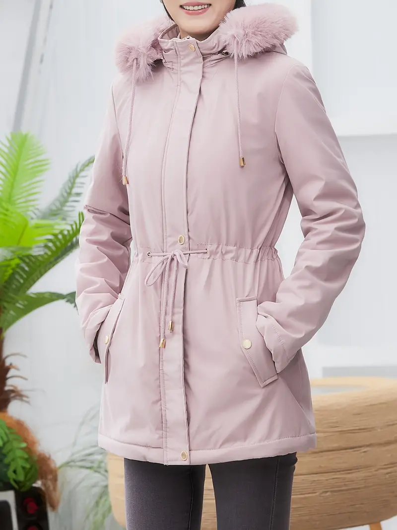 Long Sleeve Warm Hooded Women's Winter Casual Plush Lined Mid-length Fashion Jacket