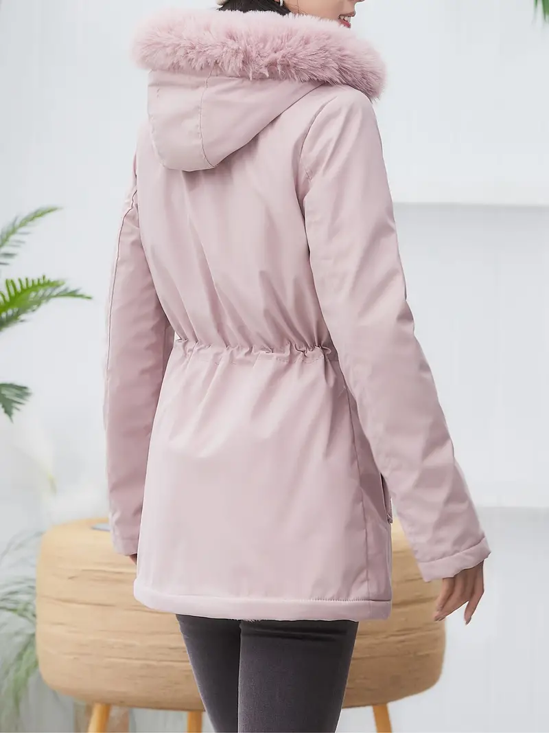 Long Sleeve Warm Hooded Women's Winter Casual Plush Lined Mid-length Fashion Jacket