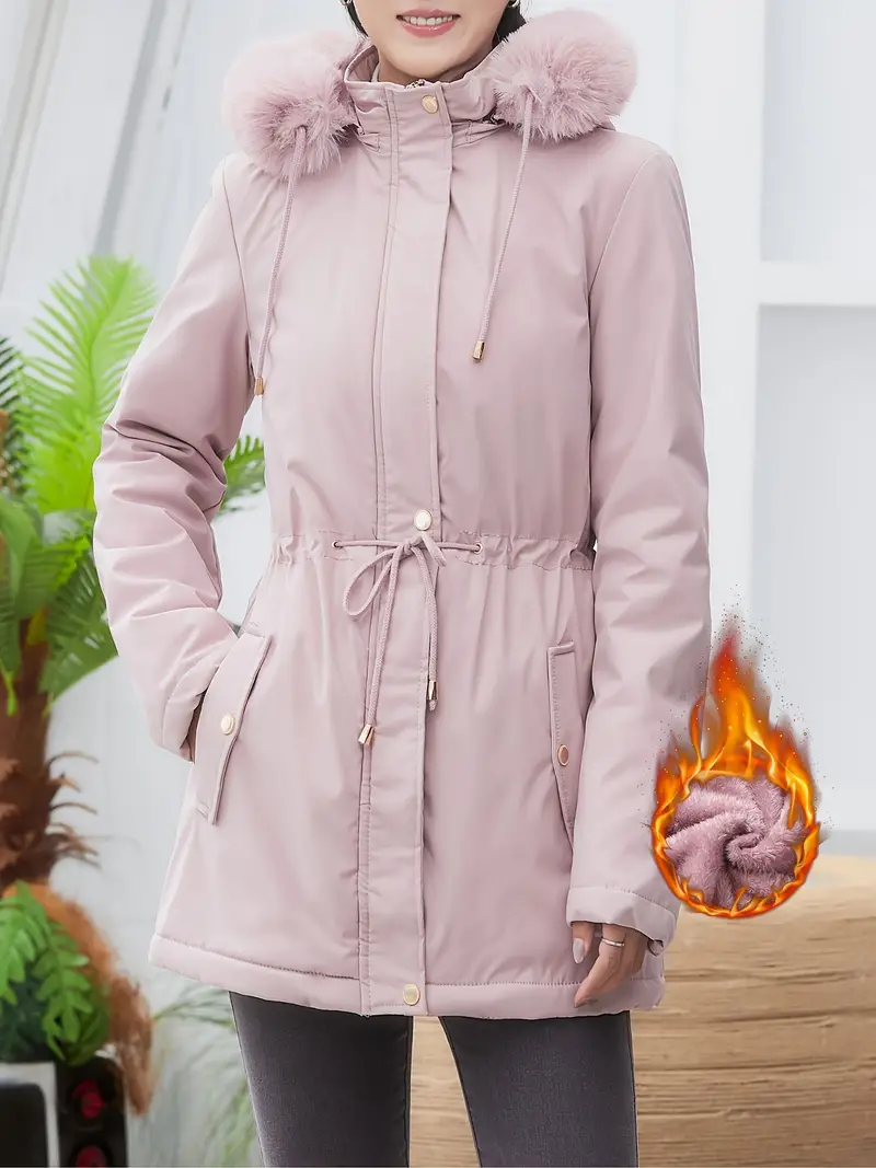 Long Sleeve Warm Hooded Women's Winter Casual Plush Lined Mid-length Fashion Jacket