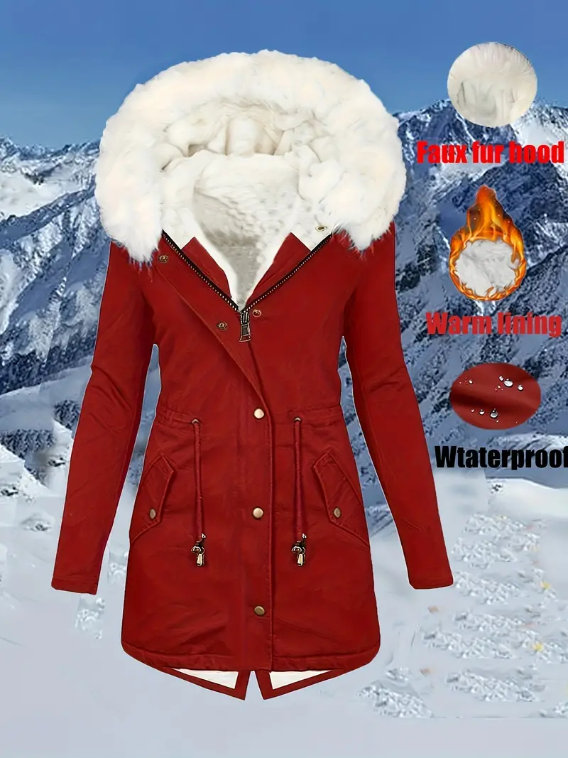Women's Winter Parka Coat P0838, Long Sleeve, Faux Fur Hood, Waterproof, Polyester, Casual Solid Color, Regular Fit, with Pockets