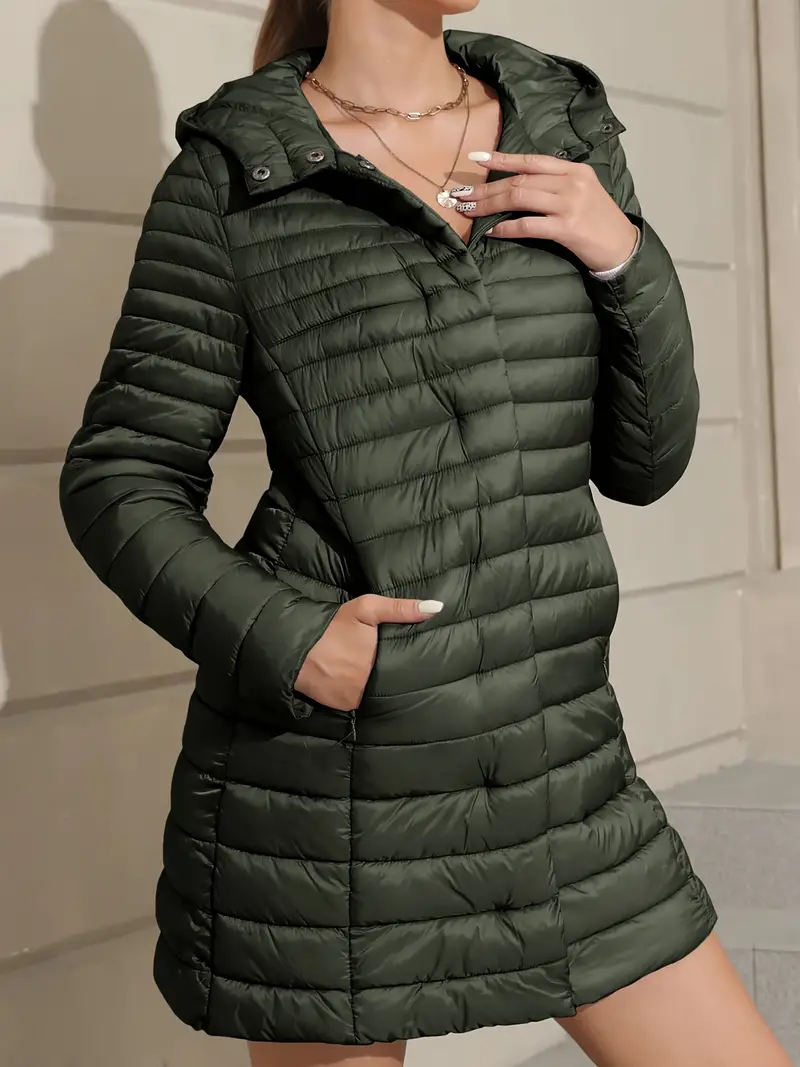 Midi Length Elegant Solid Color Long Sleeve Coat - Water-Resistant Polyester Outwear with Pockets for Women - Casual Winter Warmth and Style