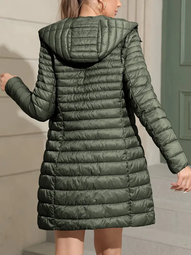 Midi Length Elegant Solid Color Long Sleeve Coat - Water-Resistant Polyester Outwear with Pockets for Women - Casual Winter Warmth and Style