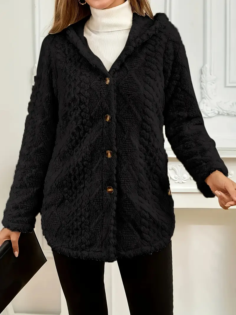 Cozy Women's Thermal Long Sleeve Button Front Teddy Hoodie Coat for Fall & Winter
