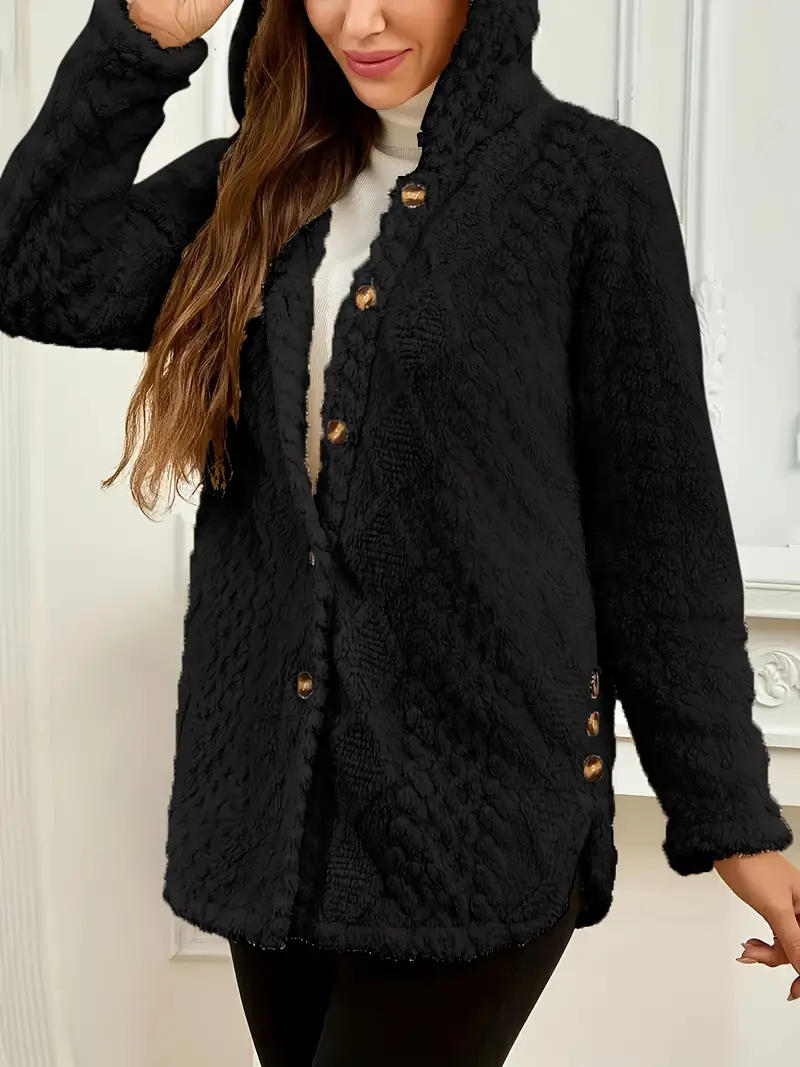 Cozy Women's Thermal Long Sleeve Button Front Teddy Hoodie Coat for Fall & Winter