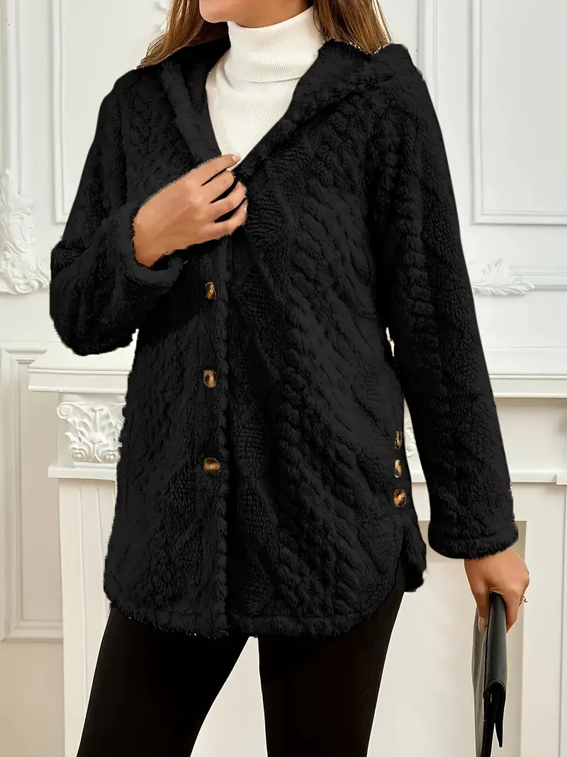 Cozy Women's Thermal Long Sleeve Button Front Teddy Hoodie Coat for Fall & Winter