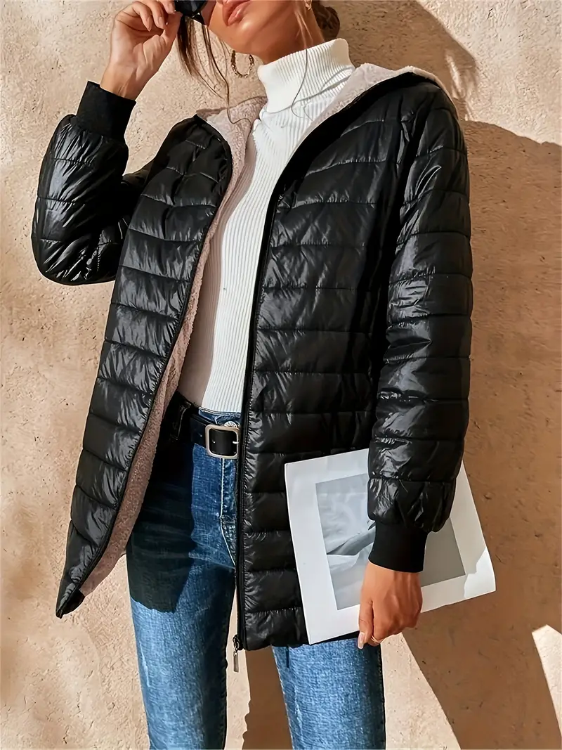 Solid Color Zipper Front Hooded Coat, Casual Long Sleeve Warm Outwear For Fall & Winter, Women's Clothing