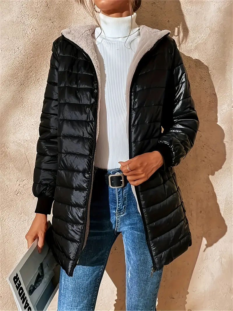 Solid Color Zipper Front Hooded Coat, Casual Long Sleeve Warm Outwear For Fall & Winter, Women's Clothing