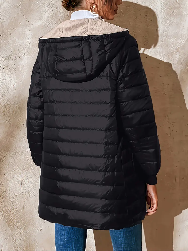 Solid Color Zipper Front Hooded Coat, Casual Long Sleeve Warm Outwear For Fall & Winter, Women's Clothing