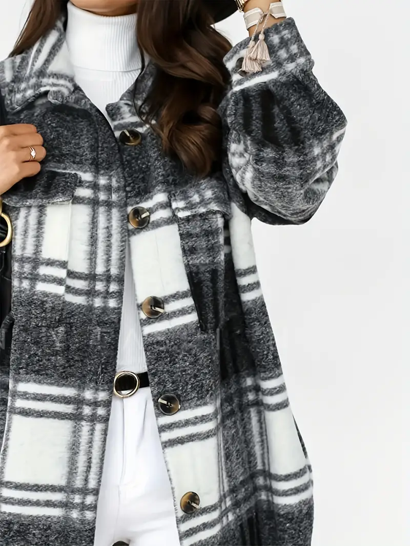 Women's Casual Long Sleeve Plaid Coat with Button Pocket, Elegant Fashionable Trench Style, Woven Polyester, All-Season Non-Stretch Shoulder Jacket