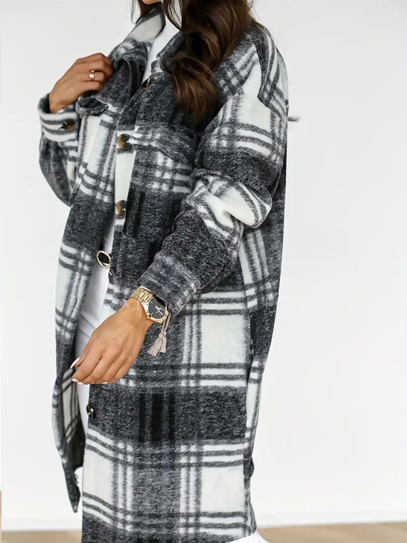 Women's Casual Long Sleeve Plaid Coat with Button Pocket, Elegant Fashionable Trench Style, Woven Polyester, All-Season Non-Stretch Shoulder Jacket