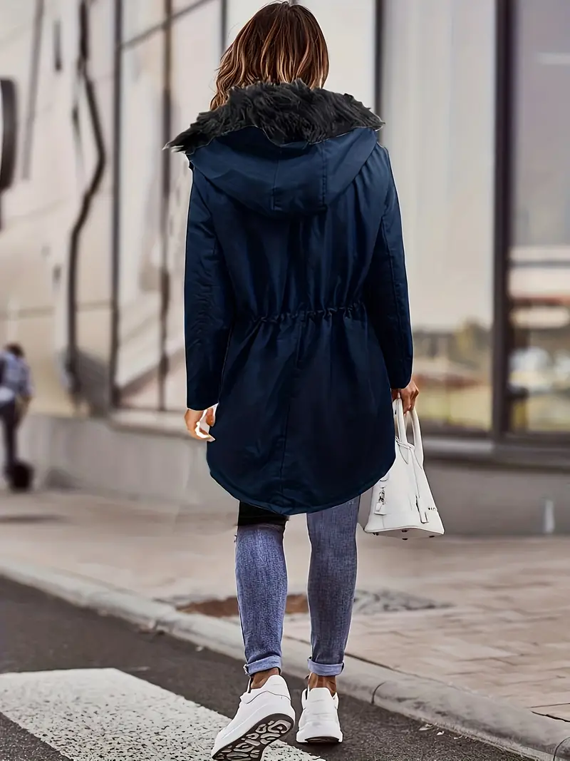 Cozy Fuzzy Trim Parka Coat - Cotton-padded Jacket Coat with Drawstring Waist, Long Sleeves, Snap Front, and Pockets for Fall & Winter - Women's Casual Outerwear for Chilly Days