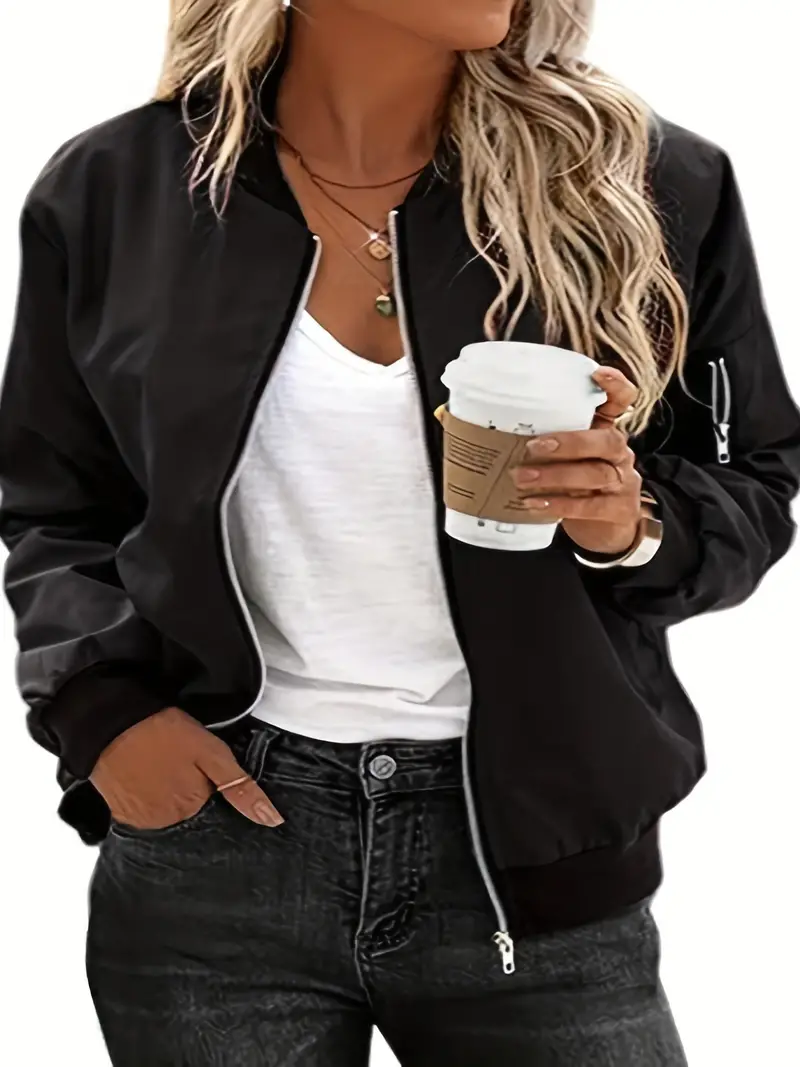 Plus Size Casual Coat, Women's Plus Solid Zip Up Lone Sleeve Bomber Jacket With Pockets