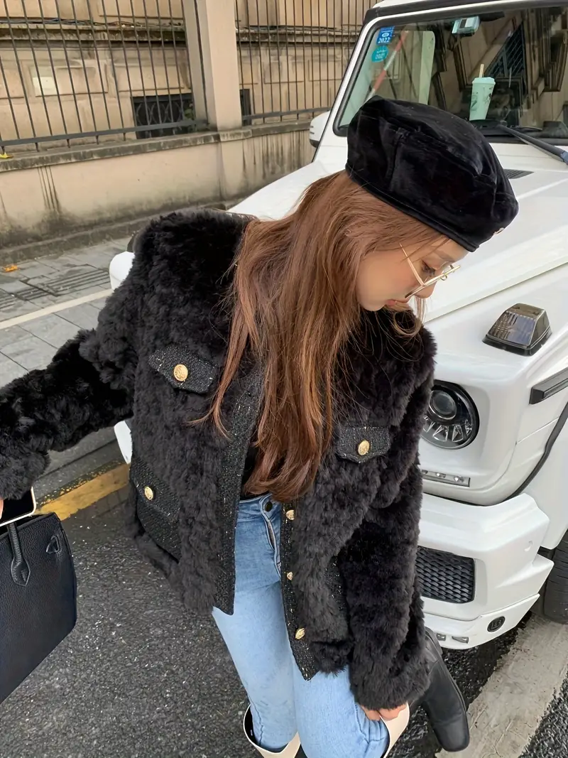 Contrast Trim Button Front Fuzzy Jacket, Chic Crew Neck Long Sleeve Coat For Fall & Winter, Women's Clothing