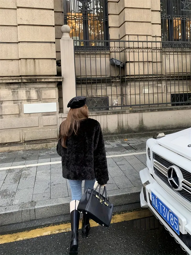 Contrast Trim Button Front Fuzzy Jacket, Chic Crew Neck Long Sleeve Coat For Fall & Winter, Women's Clothing