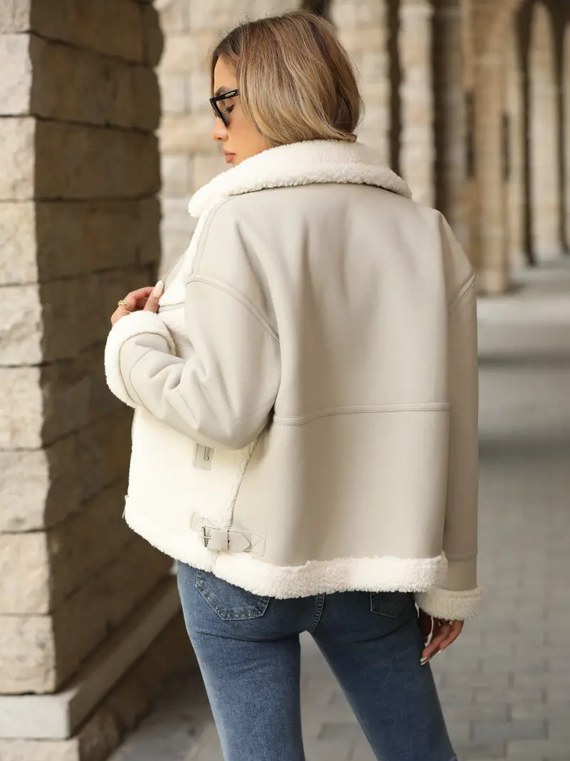 Winter Women Faux Leather Jacket Patchwork Fleece Fur Coat Moto Biker Zipper Sherpa Shacket