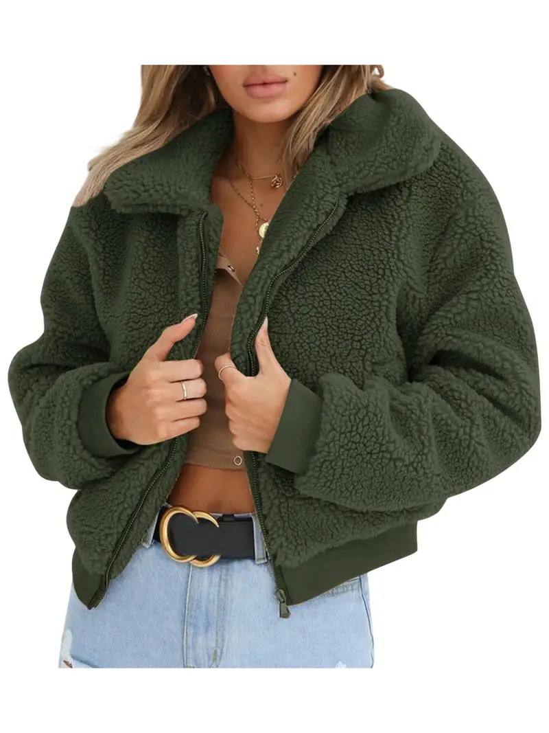 Women Winter Coat, Solid Color Zipper Up Folded Collar Jacket, Long Sleeve Warm Fluffy Fleece Spring Outfit