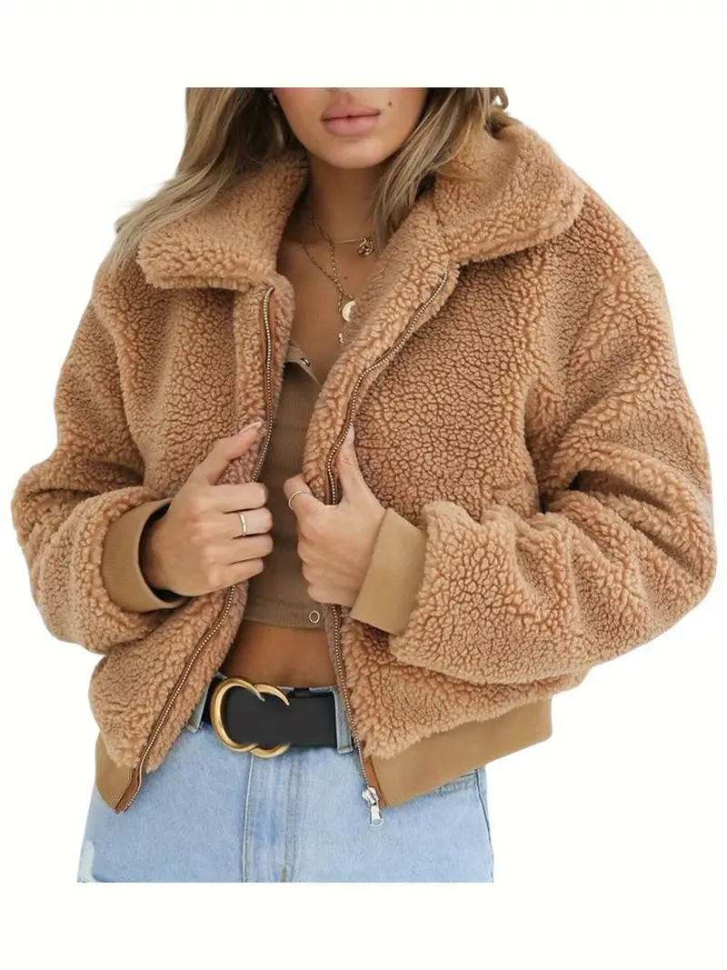 Women Winter Coat, Solid Color Zipper Up Folded Collar Jacket, Long Sleeve Warm Fluffy Fleece Spring Outfit
