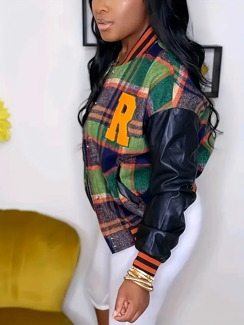 Plus Size Contrast PU Leather Varsity Jacket - Stylish Letter Print Plaid Pattern, Slight Stretch for Comfort, Casual Coat with Chic Design - Women's Fashion Outerwear for Autumn and Winter