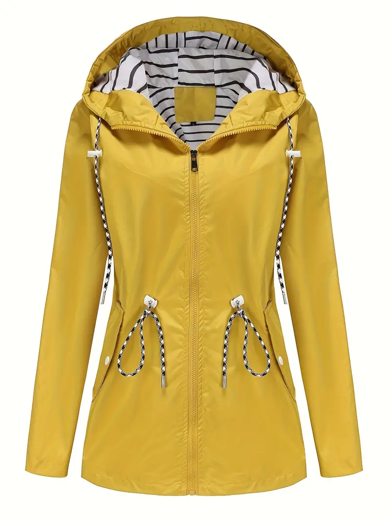 Water-Resistant Mid-Length Windbreaker Jacket for Women - Hooded, Striped Lining, Zipper Closure, Casual Athletic Design, Perfect for Outdoor Activities and Rainy Days - Ideal for Hiking, Camping, and Everyday Wear