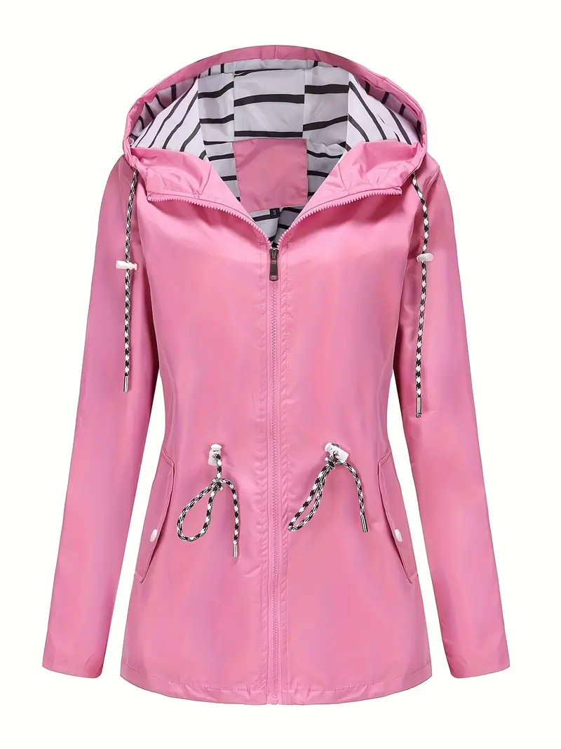 Water-Resistant Mid-Length Windbreaker Jacket for Women - Hooded, Striped Lining, Zipper Closure, Casual Athletic Design, Perfect for Outdoor Activities and Rainy Days - Ideal for Hiking, Camping, and Everyday Wear