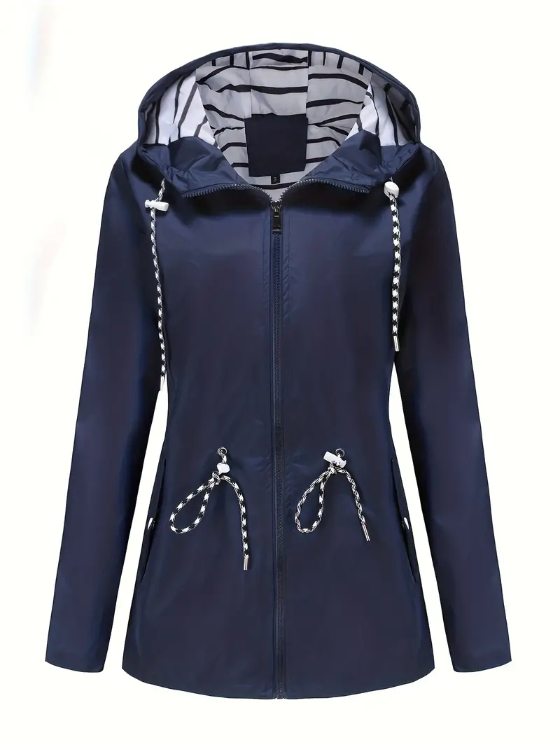 Water-Resistant Mid-Length Windbreaker Jacket for Women - Hooded, Striped Lining, Zipper Closure, Casual Athletic Design, Perfect for Outdoor Activities and Rainy Days - Ideal for Hiking, Camping, and Everyday Wear