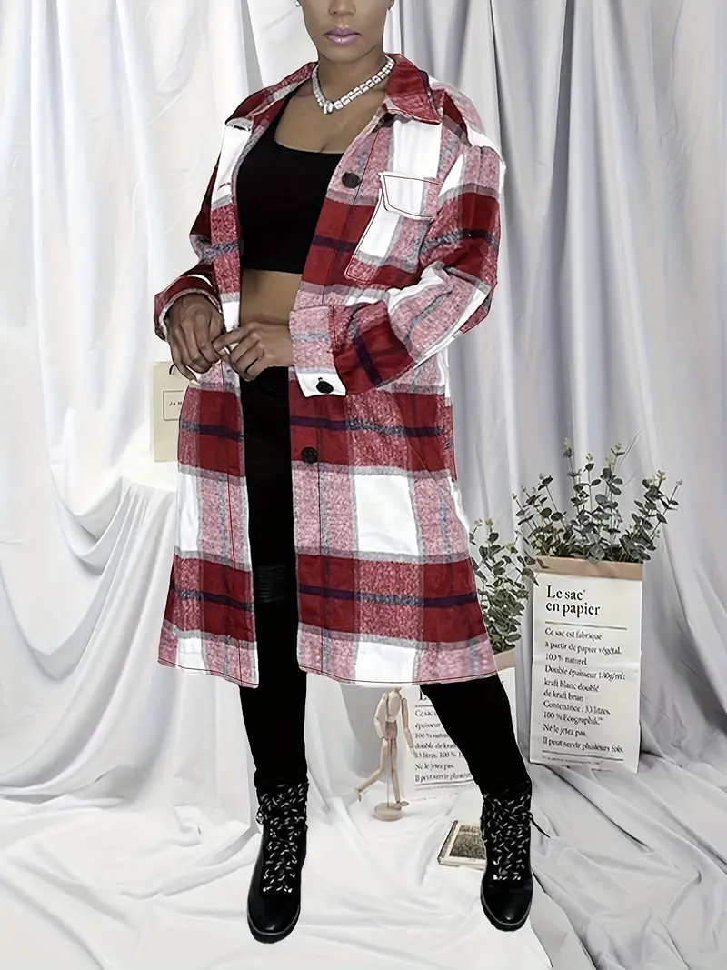 Chic Plus Size Womens Plaid Coat - Stylish Winter Outwear with Fashionable Lapel Collar and Button Up - Warm, Comfortable Long Sleeve Jacket for Trendy Ladies