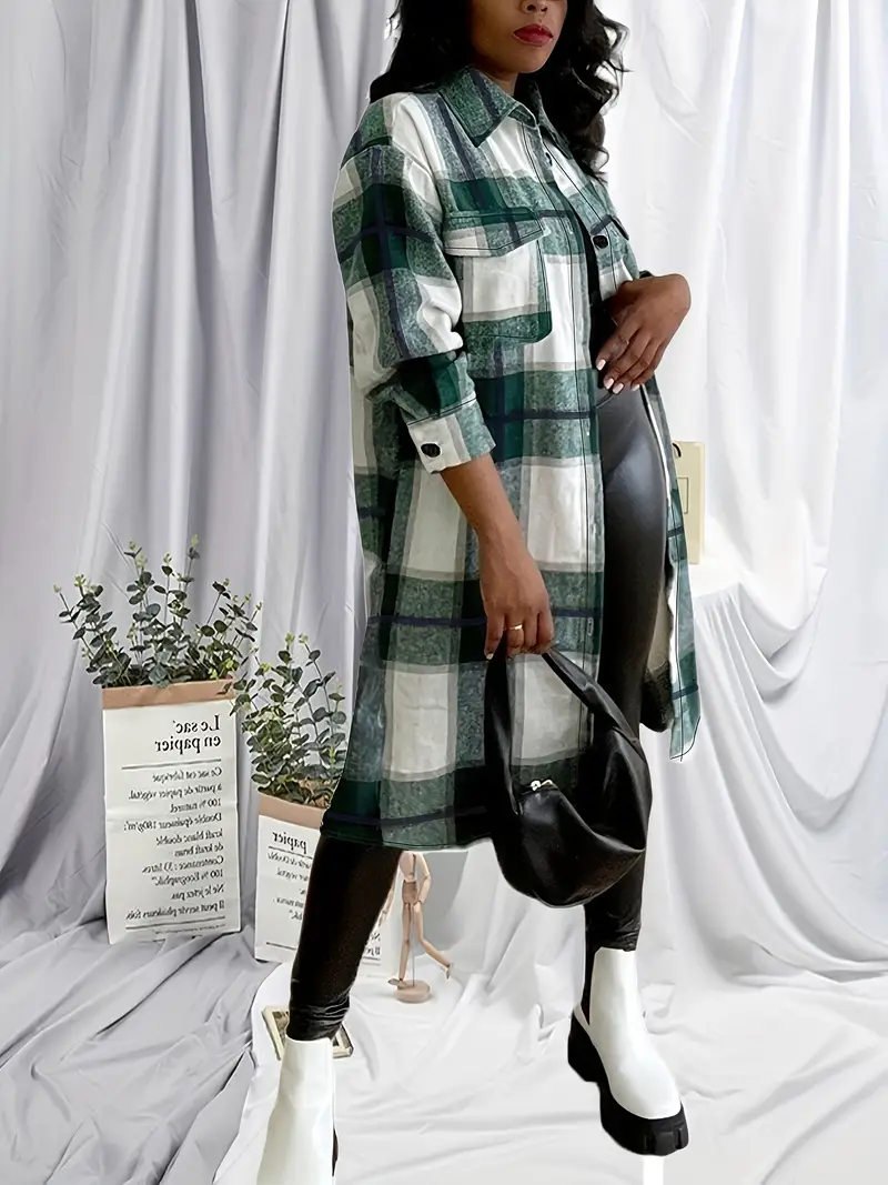 Chic Plus Size Womens Plaid Coat - Stylish Winter Outwear with Fashionable Lapel Collar and Button Up - Warm, Comfortable Long Sleeve Jacket for Trendy Ladies