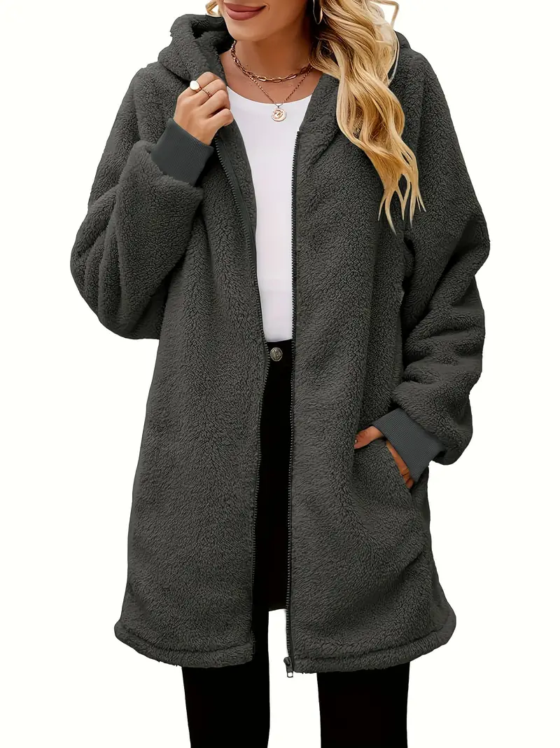 Plus Size Women's Casual Warm Winter Sherpa Hooded Jacket, Faux Fur Zip Up Coat With Pockets