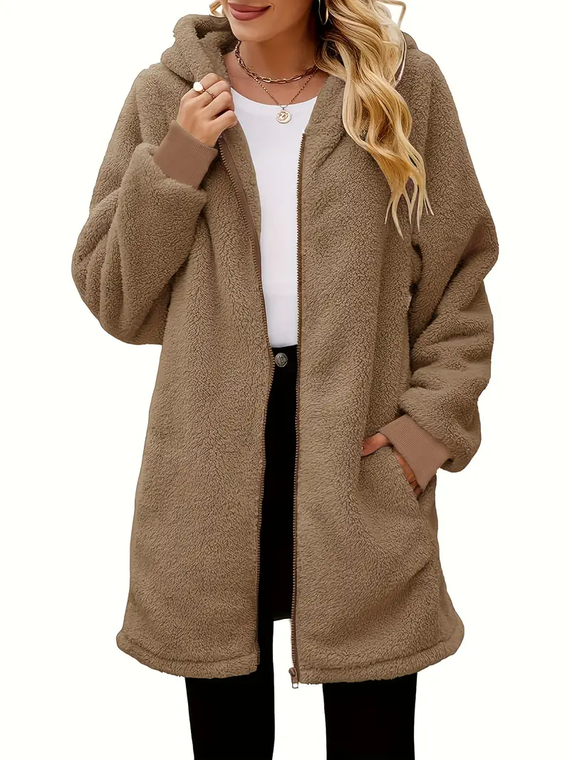 Plus Size Women's Casual Warm Winter Sherpa Hooded Jacket, Faux Fur Zip Up Coat With Pockets