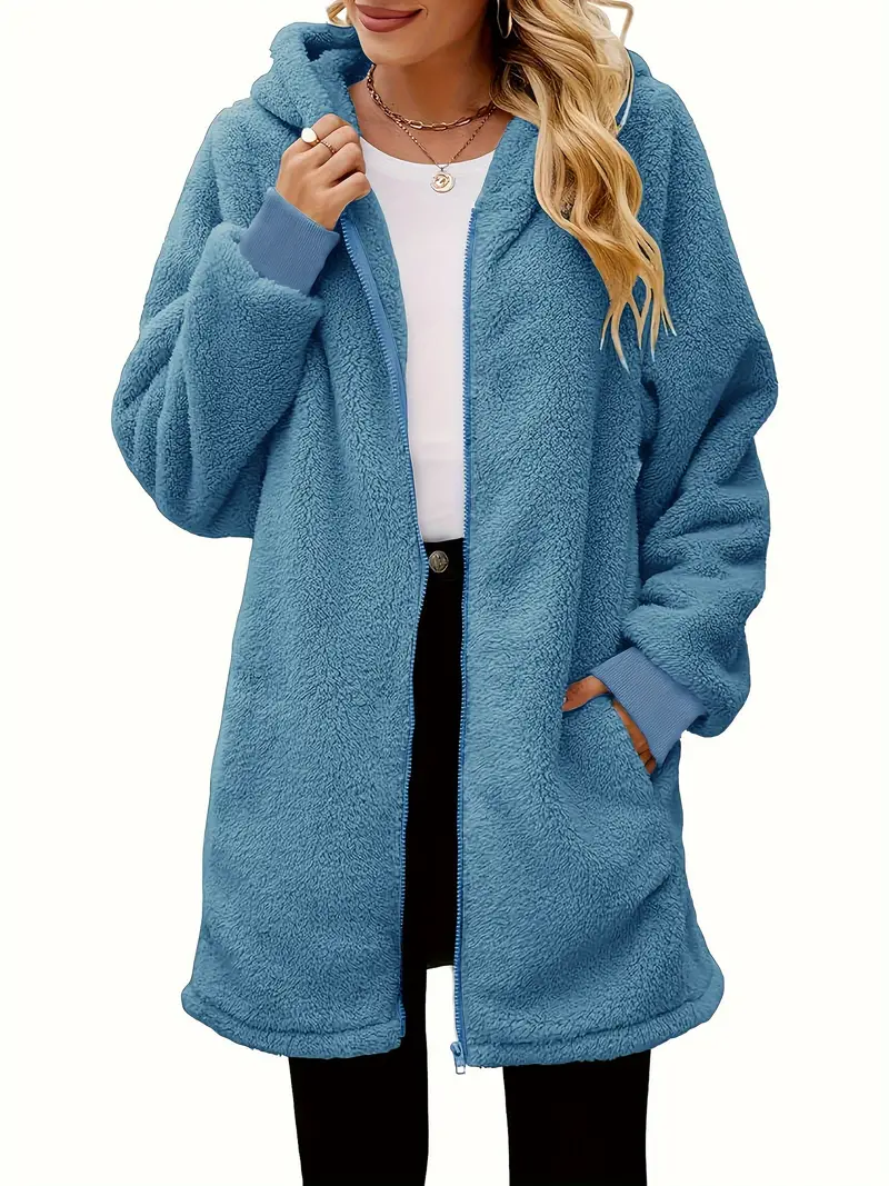 Plus Size Women's Casual Warm Winter Sherpa Hooded Jacket, Faux Fur Zip Up Coat With Pockets