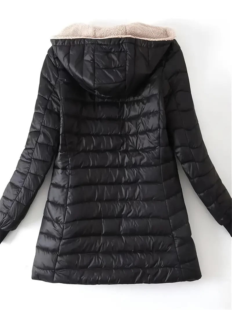 Elegant Women's Winter Hooded Jacket - Mid-Length, Fleece-Lined Coat with Zip Front & Pockets, Solid Color