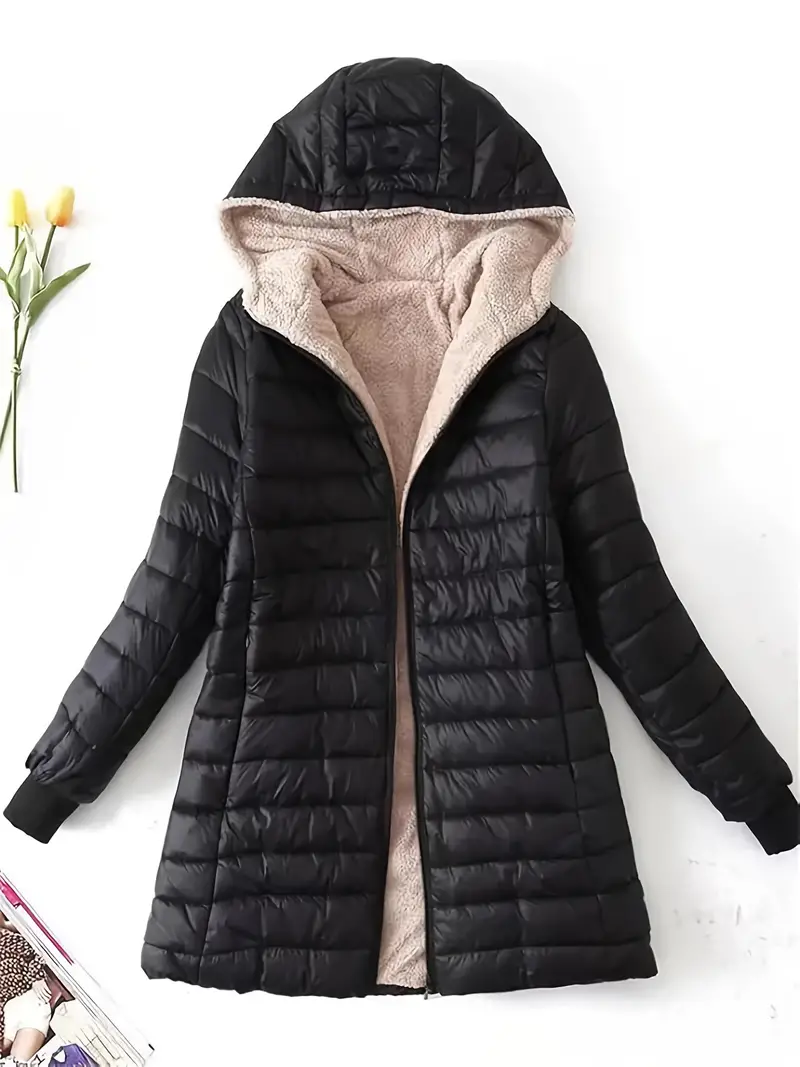 Elegant Women's Winter Hooded Jacket - Mid-Length, Fleece-Lined Coat with Zip Front & Pockets, Solid Color