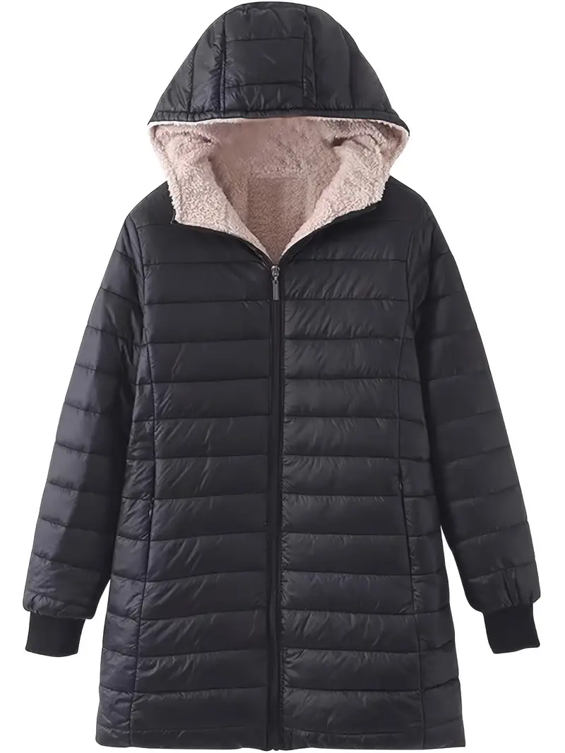 Elegant Women's Winter Hooded Jacket - Mid-Length, Fleece-Lined Coat with Zip Front & Pockets, Solid Color