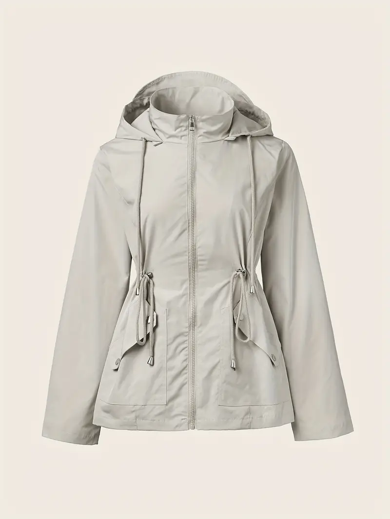 Drawstring Zip Up Hooded Trench Coat, Casual Long Sleeve Solid Color Jacket For Fall & Winter, Women's Clothing