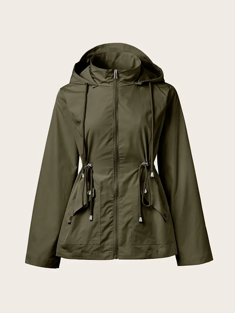 Drawstring Zip Up Hooded Trench Coat, Casual Long Sleeve Solid Color Jacket For Fall & Winter, Women's Clothing