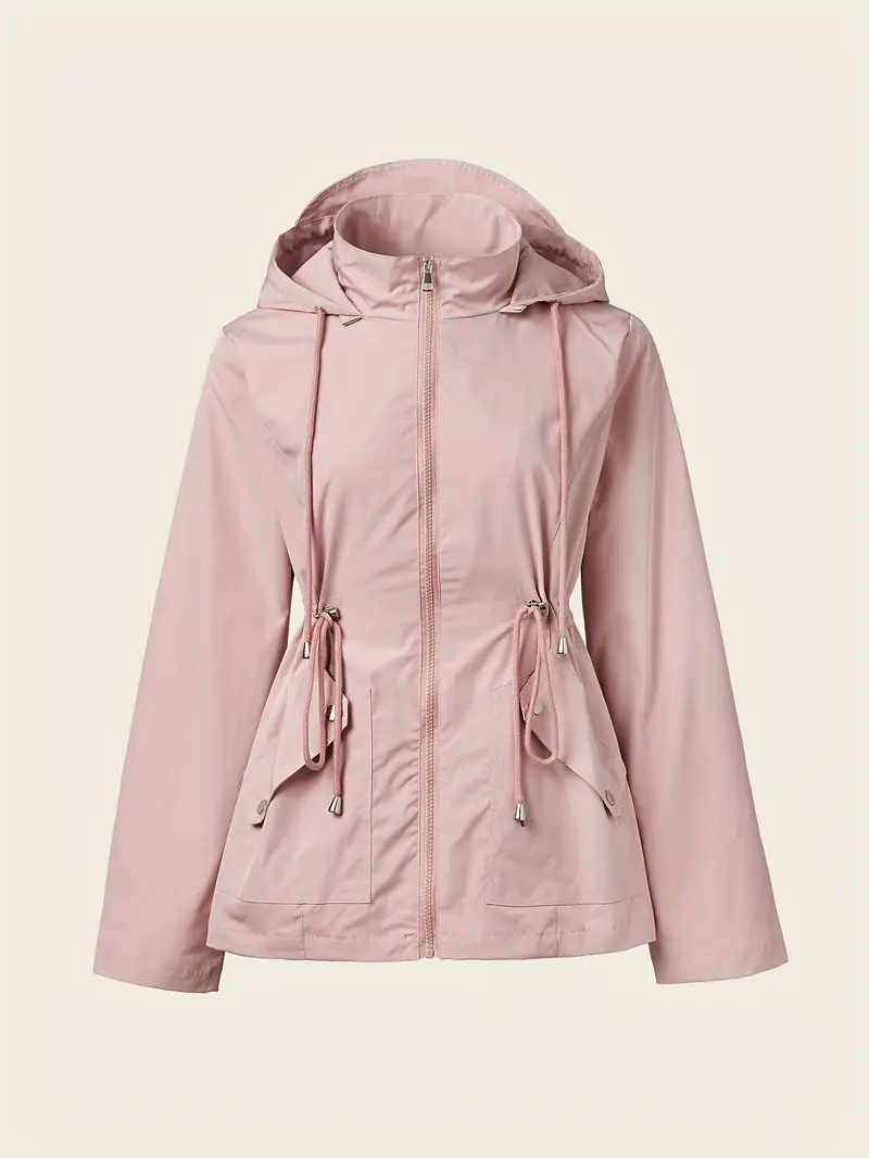 Drawstring Zip Up Hooded Trench Coat, Casual Long Sleeve Solid Color Jacket For Fall & Winter, Women's Clothing