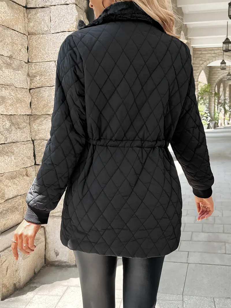 Stylish Quilted Long Sleeve Jacket - Casual Jackets with Zip Up Drawstring Waist, Elegant Solid Color Design, Warm Outerwear for Fall & Winter, Women's Clothing with Comfortable Fit