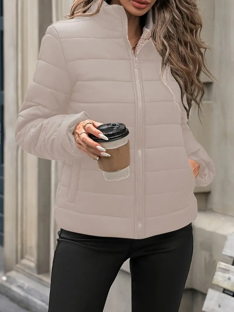 Elegant Women's Solid Color Puffer Jacket - Nylon, Machine Washable, Zip-Up Long Sleeve Coat for Winter