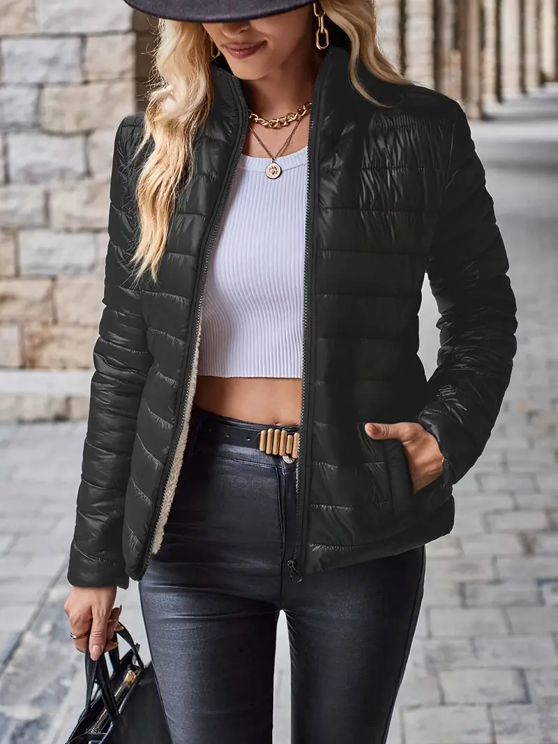Elegant Women's Solid Color Puffer Jacket - Nylon, Machine Washable, Zip-Up Long Sleeve Coat for Winter