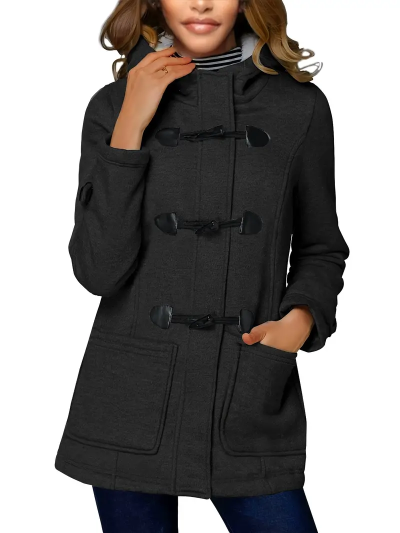 Stylish Long Sleeve Hooded Duffle Coat - Women's Pea Coats with Patch Pockets, Elegant Plain Color Design for Fall & Winter, Warm and Comfortable Outerwear for Ladies