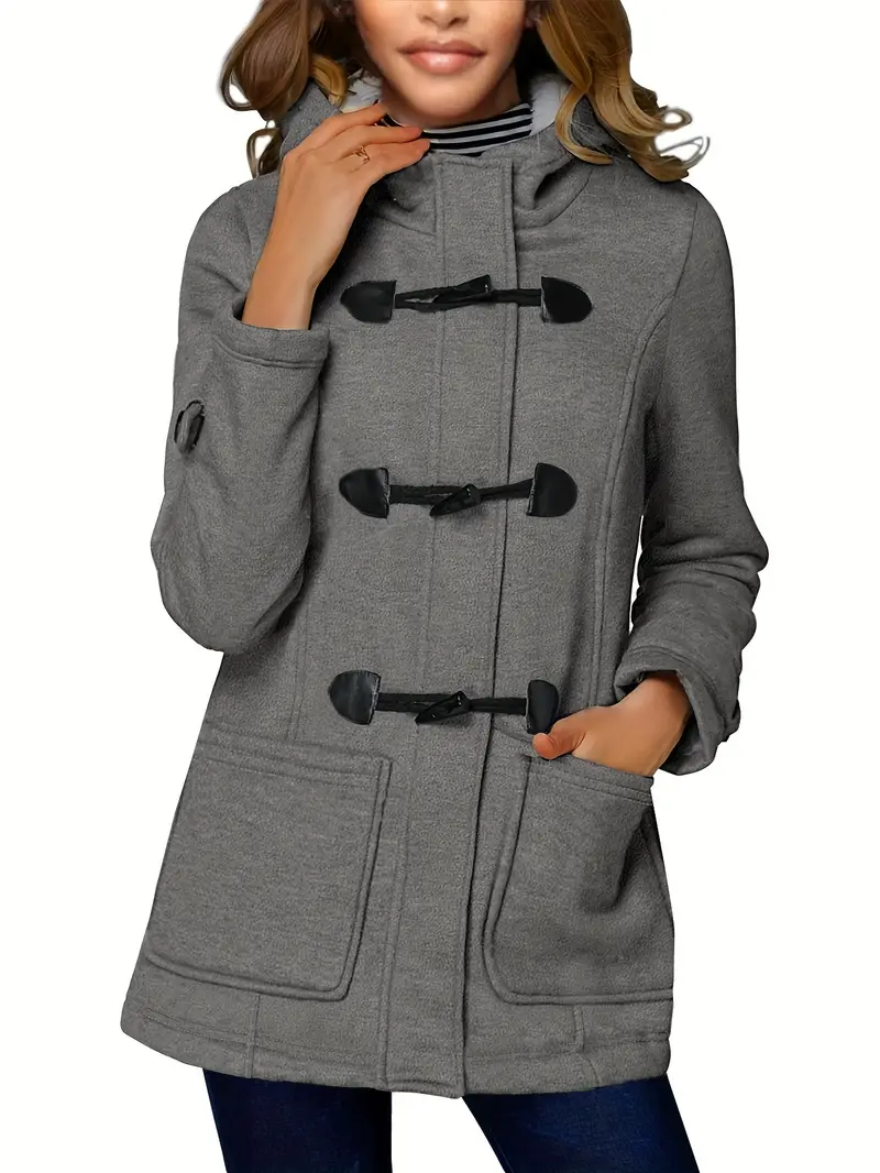 Stylish Long Sleeve Hooded Duffle Coat - Women's Pea Coats with Patch Pockets, Elegant Plain Color Design for Fall & Winter, Warm and Comfortable Outerwear for Ladies